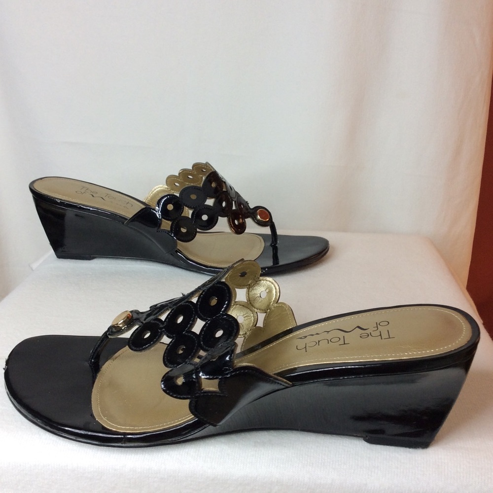 Vintage Nina Black Patent Wedge Sandals with Gold Accents